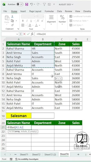 How to Get Salesman Wise Data using FILTER Function in Excel | Filter Function 🔥 #excel #exceltips