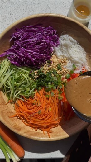 Danielle Brown | healthy recipes on Instagram: "SPRING ROLL SALAD!! Comment “cookbook” and I’ll send you the link to my best-selling salad cookbook 🍜🥗🌶️🥒 You need: - thin rice noodles - Cucumber - Purple cabbage - Carrots - Red bell pepper - Peanuts - Cilantro - Green onion #healthyrecipe #springrolls #healthylifestyle #recipe #salad"