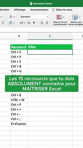2.1K views · 30 reactions | Les 15 raccourcis que tu dois absolument connaitre pour maîtriser Excel! #astuceexcel #excelfrancais #apprendreexcel #pourtoi #pt#pro2excel | Pro2Excel-AI | Facebook