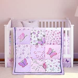 Tudomro 3 Pieces Butterfly Nursery Crib Bedding Set for Girls, Standard Size Bedding Sets with Comforter Fitted Sheet Crib Skirt(Purple)