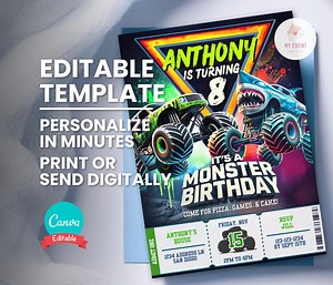 Monster Truck Birthday Invitation (phone Invite, Editable Template, 5x7 Printable Card, Instant Digital Download) - Etsy