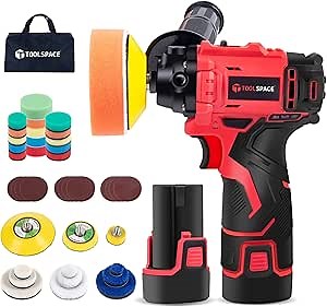 TOOLSPACE 12V Cordless Buffer Polisher, 3" Mini Car Detailing Buffer & Sander Machine Kit with 2 Li-Ion Batteries, 46pcs Variable Speed Trigger for Auto/DIY Polishing/Sanding/Waxing