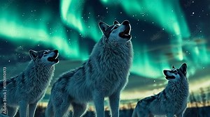 wolves in Alaska, howling at the moon in a profile side view, during night time aurora northern lights,,