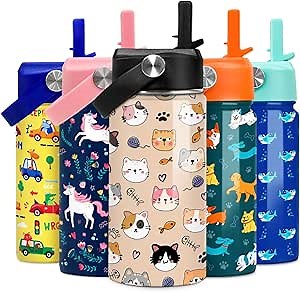 SANDJEST Kids Water Bottle Cat Water Bottles 12oz with Straw Insulated Stainless Steel Travel School Tumbler Double Wall Vacuum Cup for Girls Kid Boys