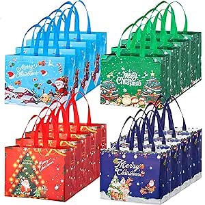 16PCS Christmas Gift Bags, Christmas Tote Bags with Handles Reusable Christmas Treat Bags Large Non-Woven Christmas Bags for Christmas Party, New Year's Shopping, Christmas Surprise 12.8"×9.8"×6.7"