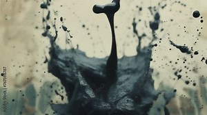 A splash of black paint is splattered across the screen. The splatter is large and dark, and it seems to be coming from a single point. Scene is chaotic and intense 4K motion