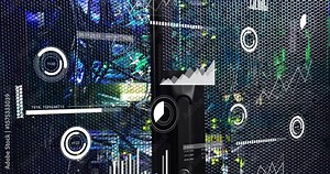 On load data gauges and graphs animating over rack door, monitoring real time network metrics