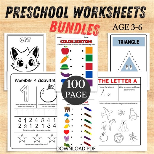 100 preschool Worksheets Bundle Printable | Alphabet,numbers,tracing ,coloring,matching | Toddler Learning Activities ,homeschool Curriculum - Etsy