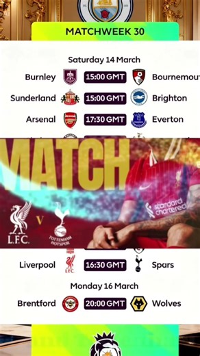 Premier League Matchweek 30 fixtures