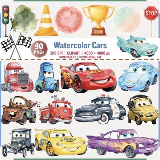 Watercolor Cartoon Cars PNG Clipart Bundle for Kids Designs, Lightning Mcqueen Png, Handdrawn, - Etsy