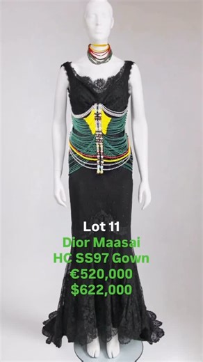 Pechuga Vintage on Instagram: "And we’re off to a great start ! Lot 11 (Dior by Galliano Maasai gown from Spring Summer 1997) sold for more than half a million dollars! @kerrytaylorauctions x @maurice_auction Mouna Ayoub Dior Couture Sale. #pechugavintage #dior #auction ✨🪡💸"