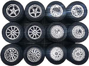 6 Set Wheels and Tires Kit Simulation 1/64 Model Trucks Off Road Modified Tire with 6 Styles Hub, Electroplated Silver 1/64 Scale Wheels for Trucks(Diameter 0.56in/14.2mm)