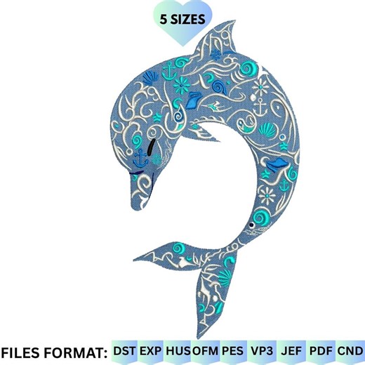 Floral Dolphin Embroidery Design, Nautical Sea Life Machine Embroidery Pattern, Detailed Ocean Dolphin File, Instant Download. - Etsy