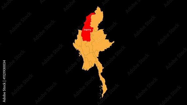 Sagaing map animated video. The location is highlighted on the myanmar map. Colour map with transparent background in video format.