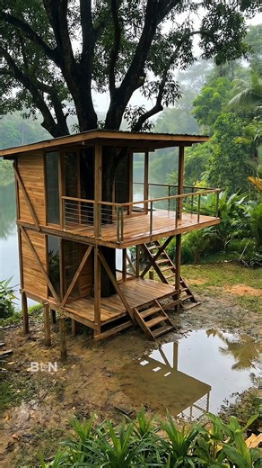 Watch This Empty Spot Become a Dream Lake Treehouse!!#treehouse #naturebuild #timelapse #shorts