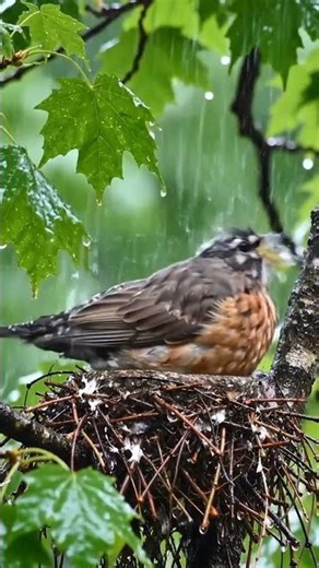 Tiny Bird Protecting Her Babies in Heavy Rain