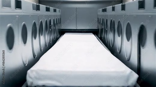 Row of modern stainless steel washing machines with open white sheet inside clean laundry facility Stock Video
