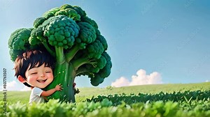 Boy embracing a giant broccoli in a field. Concept of healthy eating, love for vegetables, nutrition education