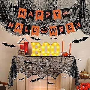 LED Marquee Light Up Letters Boo Sign, Halloween Indoor Decor Set - Fireplace Mantel Scarf, Banner, 3D Bat Stickers, Creepy Cloth, Spooky Home Decor