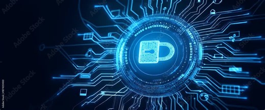 Futuristic digital lock rotates slowly amid a network of glowing circuits, with the camera executing a steady tracking motion, in a cinematic depiction of cybersecurity technology.