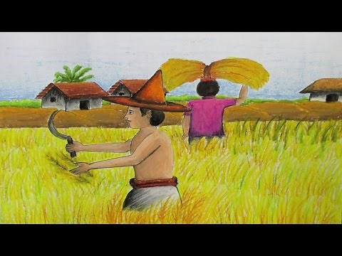 How to Draw a Village Landscape where farmers harvesting paddy on fields | Episode- 12
