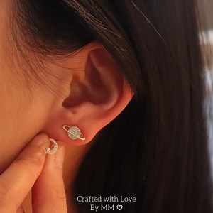 Planet Stud Earrings, Crescent Moon Earrings, Minimal Celestial Studs, Gold Space Jewelry Gift for Her - Etsy