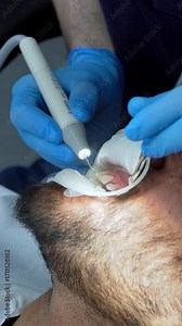 Close-up of dental scaling with an ultrasonic scaler to remove plaque and tartar