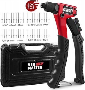 NEU MASTER Rivet Gun with 200Pcs Rivets, Manual Rivet Gun Kit with 4 Tool-Free Interchangeable Rivet Heads, BMC Case, Heavy Duty Single Hand Riveter for Plastic, Metal, Leather.