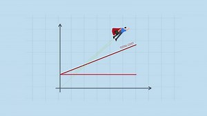 Break even point, entrepreneur super hero soaring as income on breakeven chart
