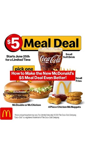 McDonald's just dropped their $5 Meal Deal and I'm here to show you how to make it even better! Starting today you can get the $5 Meal Deal from McDonald's that gives you the choice of a McDouble or McChicken along with a 4pc Chicken McNuggets, Small Fries, and a Small Soft Drink. In addition they are offering free medium fries with a $1 purchase every Friday on the app for the rest of the year - I have to say the @mcdonalds app is a must have because you can save money every time you go... as y
