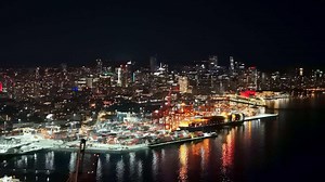 Download Vancouver, Canada - September 9, 2023. Aerial view of Port of Vancouver at night