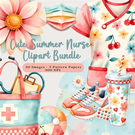Cute Summer Nurse Clipart Bundle, Nurse PNG, Watercolor Sublimation Designs - Etsy
