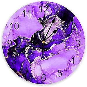 Wall Clock Purple Marble Battery Operated Clocks PVC Silent Non-Ticking Wallclock 10 Inch Luxury Geometric Abstract Modern Round Wall Clocks for Living Room Bedroom Kitchen Office Bathroom Home Decor