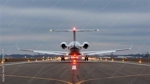 Private jet taking off from runway with flashing lights and engine glow