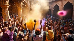 A Burst of Color: A vibrant Holi celebration unfolds in India as a crowd of jubilant revelers throws colored powder into the air, creating a kaleidoscope of colors.
