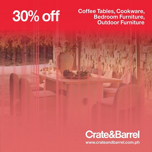 85 reactions | Your home haul starts at Crate and Barrel: Get 15% OFF on all regular priced items and up to 70% OFF on great categories and selections from June 12 to July 13. Don't miss our Clearance Sale deals! Visit us at crateandbarrel.com.ph or at SM Aura Premier, SM Makati, SM Megamall and the Podium & Power Plant Mall pop-ups. Not in conjunction with other exclusive offers and promotions. Per DTI Fair Trade Permit No. FTEB 226850, Series of 2025. | Crate & Barrel Philippines | Facebook