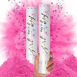 PrimePure Gender Reveal Confetti Cannon - Biodegradable Powder Cannons Smoke Bomb - Pink, 2 Pack - Party Poppers Baby Pink Confetti Popper for Baby Girl Gender Reveal