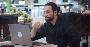 Job insecurity employees concerns about their jobs future in company. Man looking at laptop have problem of finding client, employment. Upset man sitting at computer and looking for job Insecurity.