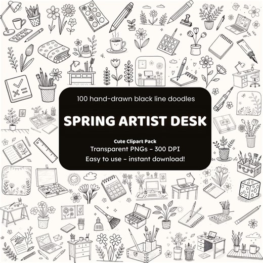 Spring Artist Desk Doodle Clipart | 100 Hand-Drawn Black Line PNG Icons | Teacher Classroom, Crafters