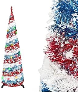 5FT Pop Up Christmas Tree with 5m Multi-Color 50 LED String Lights，Tinsel Christmas Tree，Collapsible Artificial Pencil Tree Xmas Decoration for Home, Office, Party, Easy Assembly (Red,White,Blue)