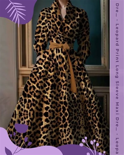 Leopard Print Long Sleeve Maxi Dress Women Stand Collar Boho Pocket Dress Party Guest Outfits for...