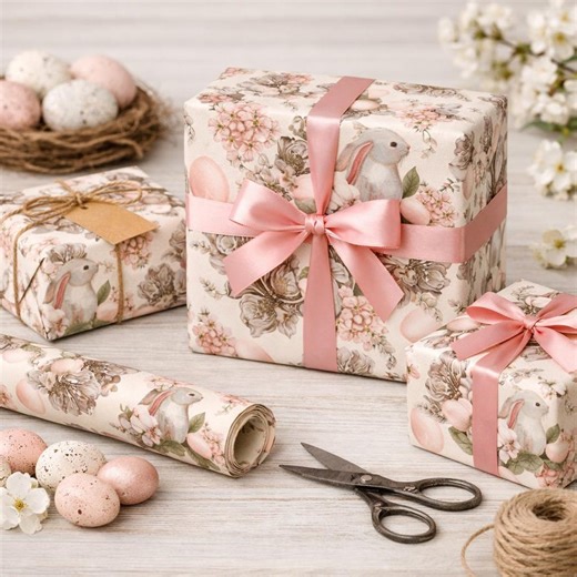 Spring Floral Rabbit Wrapping With Pastel Egg Pattern - Etsy