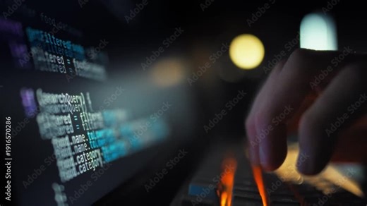 A skilled programmer rapidly types complex code on a keyboard, dynamically updating artificial intelligence software visible on a high-resolution computer screen