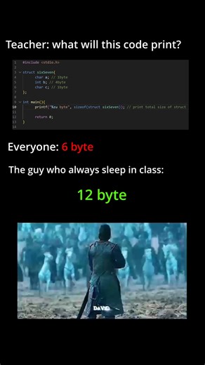 @Moses on Instagram: "why not 6? well ​CPU Alignment: The CPU reads memory in "chunks" usually 4bytes . It hates reading data from "odd" addresses. ​Padding: To make the CPU faster, the compiler inserts 3 invisible bytes of "garbage" (padding) after the char so that the int starts at a clean 4-byte boundary and so on. This is Day (22/3689) of following my dream and studying to become an embedded system engineer as a 20 years old who is actually behind in life. Today I so much that I don't rememb