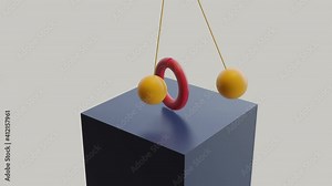 loop animation pendulum swinging, 3d yellow balls and rotating wheel. Repeated beat. Computer generated seamless motion design of simple geometric shapes.