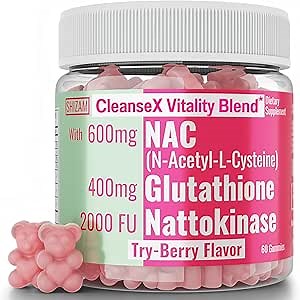 SHIZAM 600mg NAC 2000 FU 100mg Nattokinase & 400mg Reduced L Glutathione Gummies, N-Acetyl Cysteine Capsule Powder Pill Liquid Supplement/Supplements Alt, Organic N Acetylcysteine 1000mg 4000 600 mg