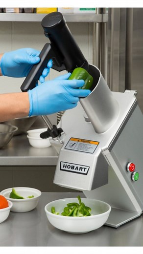 Procesador de Alimentos Hobart FP100 Es perfecto para rebanar o rallar verduras y frutas. Las superficies de corte de la unidad están hechas de acero inoxidable que es fácil de limpiar y viene con un diseño de alimentación continua en ángulo y una tolva de alimentación de tamaño 1/2. Su transmisión de engranajes planetarios y sus cerraduras de seguridad triples protegen al usuario de posibles accidentes. La carcasa de aluminio protege el interior de la unidad y también tiene patas de goma para g