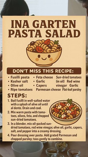 This one tastes like sunshine, sandals, and your favorite playlist on low. ☀️ Ina Garten’s pasta salad is what you bring when you want flavor and applause—without turning on the oven. 1️⃣ Boil fusilli in heavily salted water until just tender. Drain and cool in a big bowl with a drizzle of olive oil. 2️⃣ While it’s still a little warm, stir in juicy tomatoes, chopped black olives, crumbled feta, and sun-dried tomatoes. 3️⃣ Blend the dressing: oil-packed sun-dried tomatoes, red wine vinegar, oliv