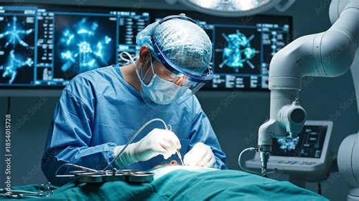 Surgeon performs robotic surgery with robot arm in operating room. Doctor operates using surgical robot during surgery. Surgeon works with robotic arm. Modern surgery with robot assistance.