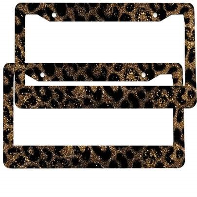2-Piece Set Of Gold Glitter Leopard Print License Plate Frames - Made Of Aluminum Alloy, Rust-Proof, Shock-Proof, And Weather-Resistant | US Standard Size, Includes Installation Accessories For Easy Installation | Stylish Car Decorative Cover, Durable License Plate Holder, 12.2x6.3inch,Gifts,Valentines Gift,Car,License Plate,Accesorios Para Moto,Carro,Car Decor,Car Acessesories>Essentials | SHEIN